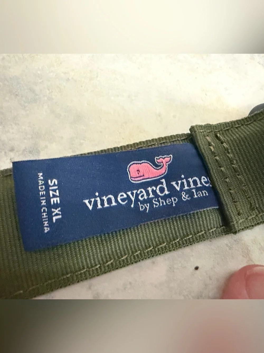 Vineyard Vines Olive Green Ribbon Belt with Navy Marlin Embroidery
